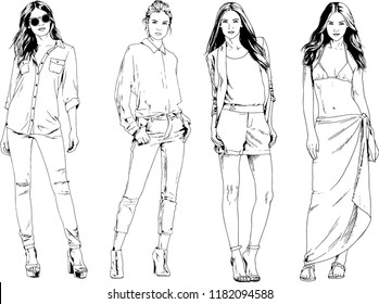 vector drawings on the theme of beautiful slim sporty girl in casual clothes in various poses painted ink hand sketch with no background