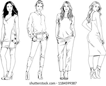 vector drawings on the theme of beautiful slim sporty girl in casual clothes in various poses painted ink hand sketch with no background