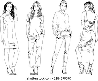 vector drawings on the theme of beautiful slim sporty girl in casual clothes in various poses painted ink hand sketch with no background