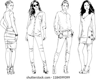 vector drawings on the theme of beautiful slim sporty girl in casual clothes in various poses painted ink hand sketch with no background