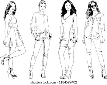 vector drawings on the theme of beautiful slim sporty girl in casual clothes in various poses painted ink hand sketch with no background