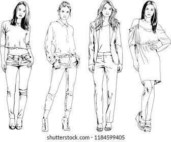 vector drawings on the theme of beautiful slim sporty girl in casual clothes in various poses painted ink hand sketch with no background