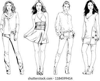 vector drawings on the theme of beautiful slim sporty girl in casual clothes in various poses painted ink hand sketch with no background