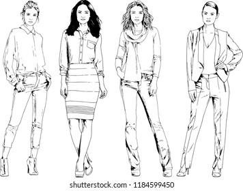 vector drawings on the theme of beautiful slim sporty girl in casual clothes in various poses painted ink hand sketch with no background