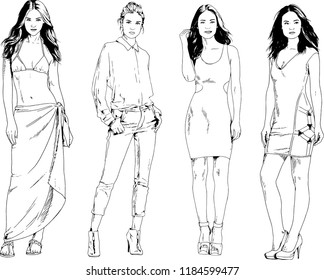 vector drawings on the theme of beautiful slim sporty girl in casual clothes in various poses painted ink hand sketch with no background