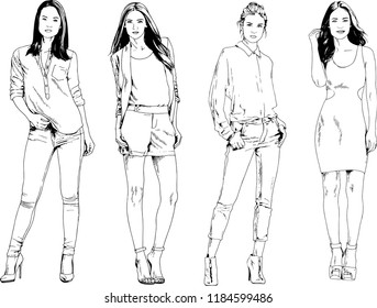vector drawings on the theme of beautiful slim sporty girl in casual clothes in various poses painted ink hand sketch with no background