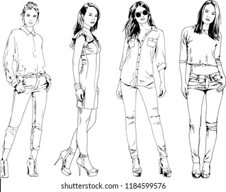 vector drawings on the theme of beautiful slim sporty girl in casual clothes in various poses painted ink hand sketch with no background