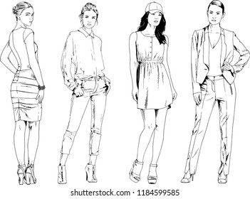 vector drawings on the theme of beautiful slim sporty girl in casual clothes in various poses painted ink hand sketch with no background