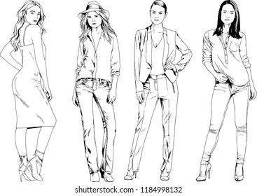 vector drawings on the theme of beautiful slim sporty girl in casual clothes in various poses painted ink hand sketch with no background