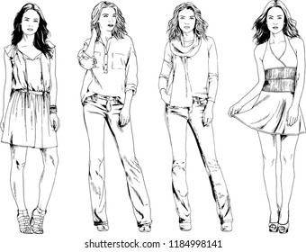 vector drawings on the theme of beautiful slim sporty girl in casual clothes in various poses painted ink hand sketch with no background