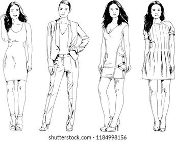 vector drawings on the theme of beautiful slim sporty girl in casual clothes in various poses painted ink hand sketch with no background