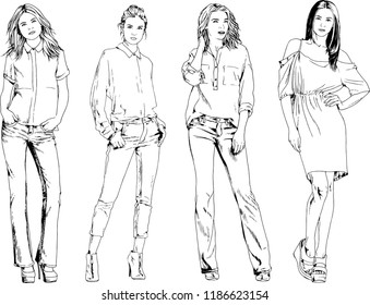 vector drawings on the theme of beautiful slim sporty girl in casual clothes in various poses painted ink hand sketch with no background