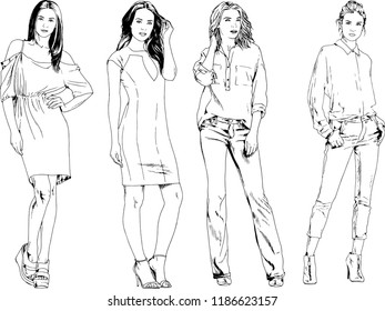 vector drawings on the theme of beautiful slim sporty girl in casual clothes in various poses painted ink hand sketch with no background