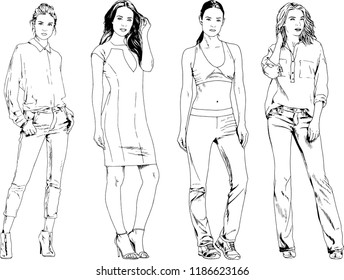vector drawings on the theme of beautiful slim sporty girl in casual clothes in various poses painted ink hand sketch with no background