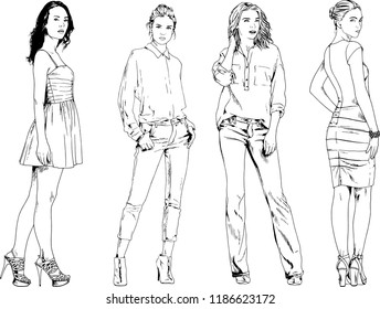 vector drawings on the theme of beautiful slim sporty girl in casual clothes in various poses painted ink hand sketch with no background