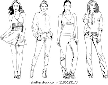 vector drawings on the theme of beautiful slim sporty girl in casual clothes in various poses painted ink hand sketch with no background