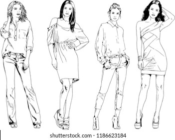 vector drawings on the theme of beautiful slim sporty girl in casual clothes in various poses painted ink hand sketch with no background