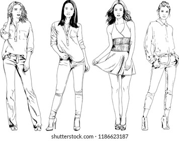 vector drawings on the theme of beautiful slim sporty girl in casual clothes in various poses painted ink hand sketch with no background