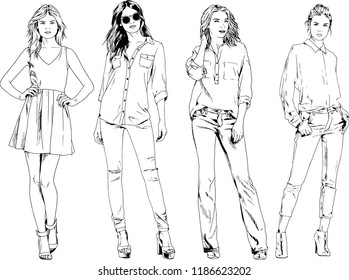 vector drawings on the theme of beautiful slim sporty girl in casual clothes in various poses painted ink hand sketch with no background