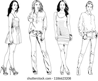 vector drawings on the theme of beautiful slim sporty girl in casual clothes in various poses painted ink hand sketch with no background