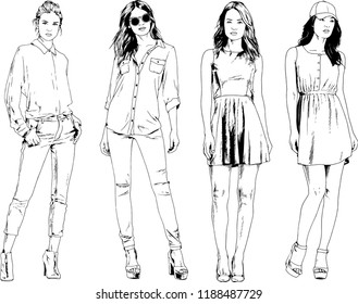 vector drawings on the theme of beautiful slim sporty girl in casual clothes in various poses painted ink hand sketch with no background
