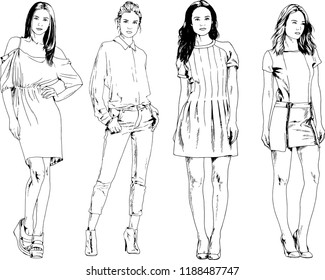 vector drawings on the theme of beautiful slim sporty girl in casual clothes in various poses painted ink hand sketch with no background