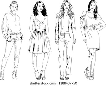 vector drawings on the theme of beautiful slim sporty girl in casual clothes in various poses painted ink hand sketch with no background