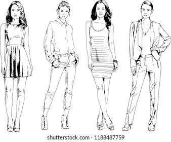vector drawings on the theme of beautiful slim sporty girl in casual clothes in various poses painted ink hand sketch with no background