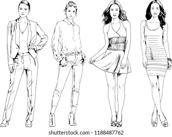 vector drawings on the theme of beautiful slim sporty girl in casual clothes in various poses painted ink hand sketch with no background