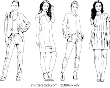 vector drawings on the theme of beautiful slim sporty girl in casual clothes in various poses painted ink hand sketch with no background