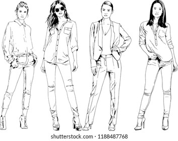 vector drawings on the theme of beautiful slim sporty girl in casual clothes in various poses painted ink hand sketch with no background