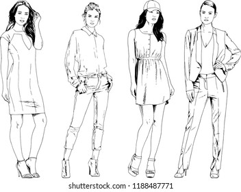 vector drawings on the theme of beautiful slim sporty girl in casual clothes in various poses painted ink hand sketch with no background