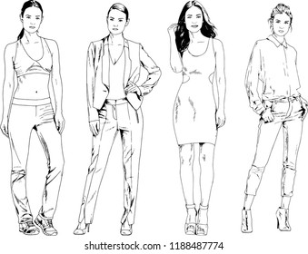 vector drawings on the theme of beautiful slim sporty girl in casual clothes in various poses painted ink hand sketch with no background