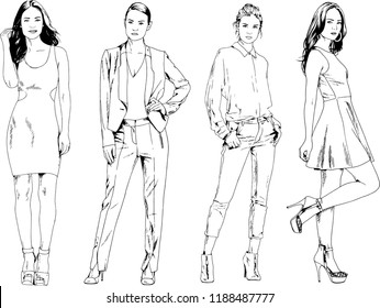 vector drawings on the theme of beautiful slim sporty girl in casual clothes in various poses painted ink hand sketch with no background