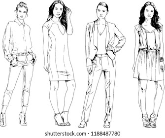 vector drawings on the theme of beautiful slim sporty girl in casual clothes in various poses painted ink hand sketch with no background