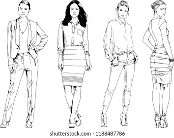 vector drawings on the theme of beautiful slim sporty girl in casual clothes in various poses painted ink hand sketch with no background
