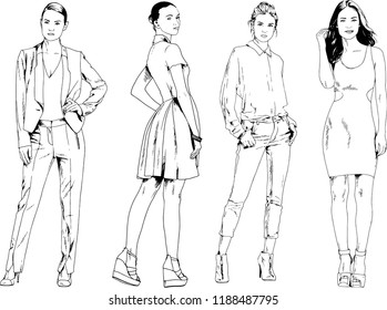 vector drawings on the theme of beautiful slim sporty girl in casual clothes in various poses painted ink hand sketch with no background