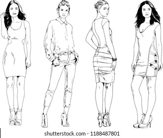 vector drawings on the theme of beautiful slim sporty girl in casual clothes in various poses painted ink hand sketch with no background