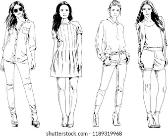 vector drawings on the theme of beautiful slim sporty girl in casual clothes in various poses painted ink hand sketch with no background