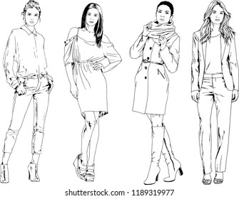 vector drawings on the theme of beautiful slim sporty girl in casual clothes in various poses painted ink hand sketch with no background
