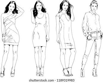 vector drawings on the theme of beautiful slim sporty girl in casual clothes in various poses painted ink hand sketch with no background