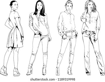 vector drawings on the theme of beautiful slim sporty girl in casual clothes in various poses painted ink hand sketch with no background
