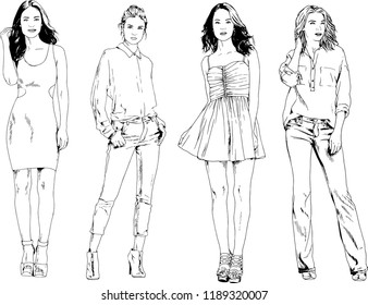 vector drawings on the theme of beautiful slim sporty girl in casual clothes in various poses painted ink hand sketch with no background