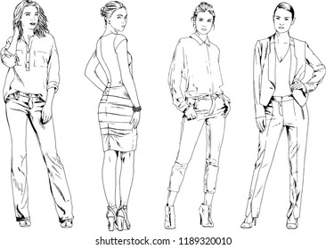vector drawings on the theme of beautiful slim sporty girl in casual clothes in various poses painted ink hand sketch with no background