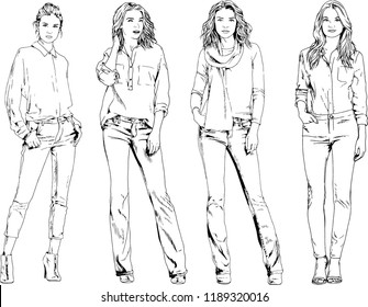 vector drawings on the theme of beautiful slim sporty girl in casual clothes in various poses painted ink hand sketch with no background