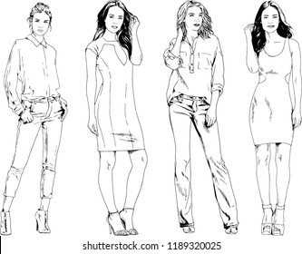 vector drawings on the theme of beautiful slim sporty girl in casual clothes in various poses painted ink hand sketch with no background