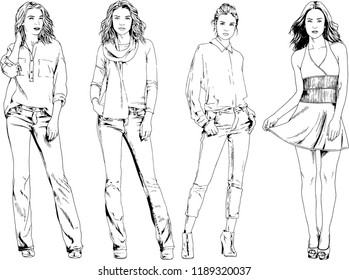 vector drawings on the theme of beautiful slim sporty girl in casual clothes in various poses painted ink hand sketch with no background