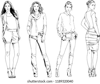 vector drawings on the theme of beautiful slim sporty girl in casual clothes in various poses painted ink hand sketch with no background