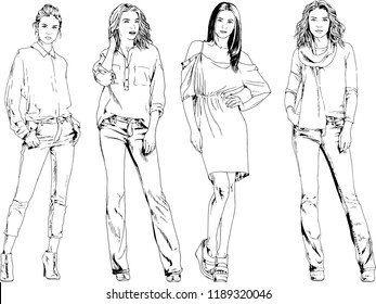 vector drawings on the theme of beautiful slim sporty girl in casual clothes in various poses painted ink hand sketch with no background
