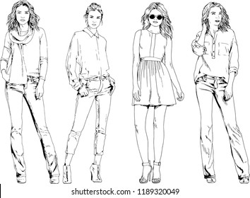 vector drawings on the theme of beautiful slim sporty girl in casual clothes in various poses painted ink hand sketch with no background